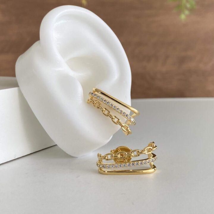 BRINCO EAR CUFF CORRENTE 3 LINHAS CRAVEJADO